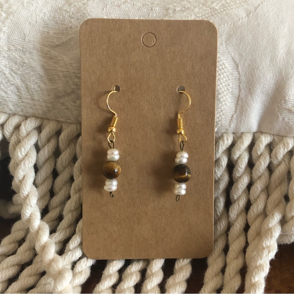 Vintage genuine tiger eye faux pearl dangle earrings